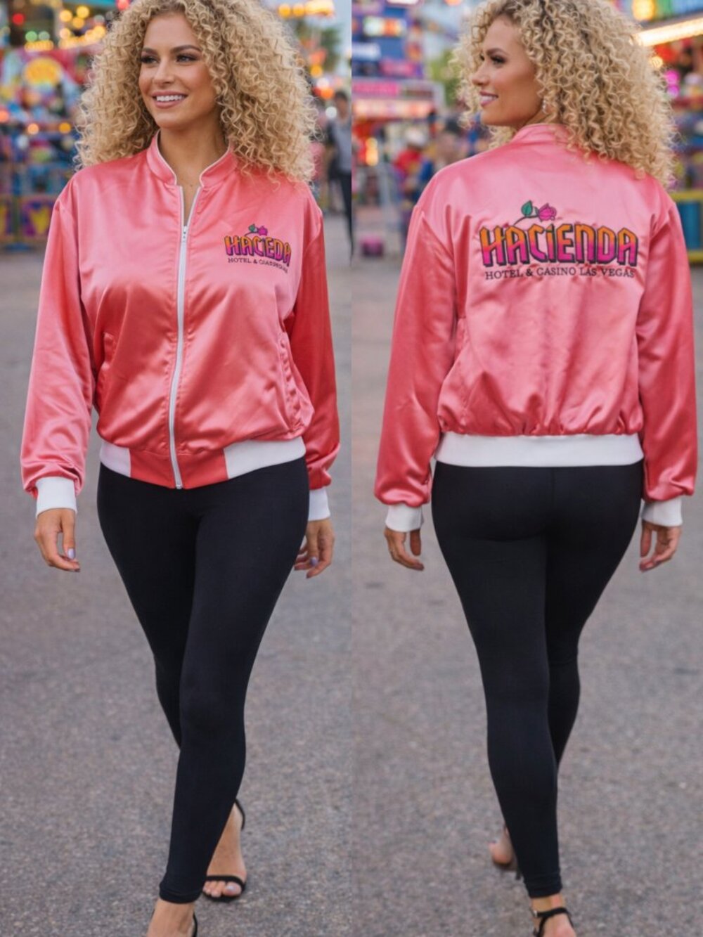 Vintage Hacienda Las Vegas Satin Women's Jacket Pink Casino Bomber USA L